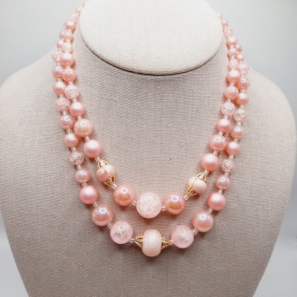 Vintage Japan 1950s Pink Pearl Bead 2 Strand Necklace 16” Signed Hook - Picture 6 of 13